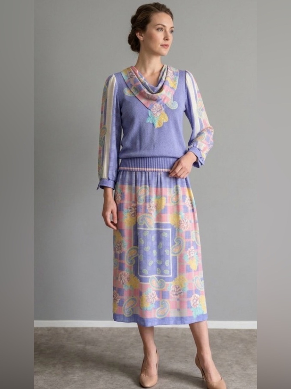 Vtg 80s Leslie Fay Pastel Skirt Set Size M 8-10 Patchwork Paisley Print 2 Piece